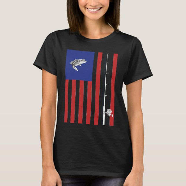 Bass American Flag Fishing Pole T-Shirt (Front)