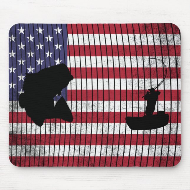 Bass and Fisherman over American Flag Fishing Mouse Mat (Front)