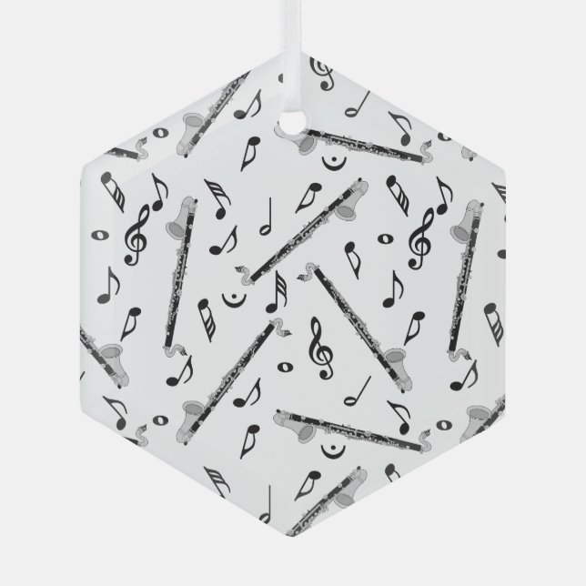 Bass Clarinet Music Note Pattern Glass Tree Decoration (Front)