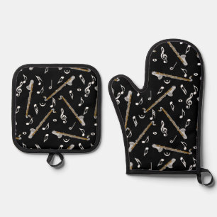 Bass Clarinet Music Note Pattern Oven Mitt & Pot Holder Set