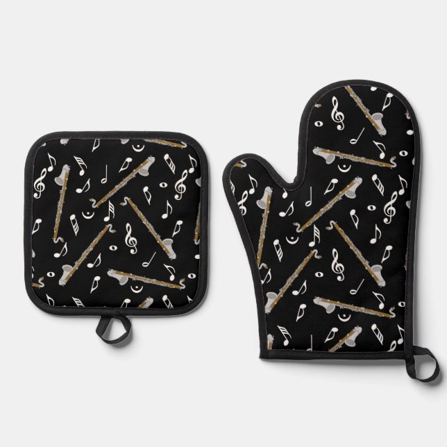 Bass Clarinet Music Note Pattern Oven Mitt & Pot Holder Set (Front)