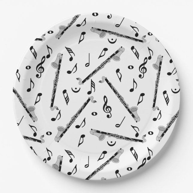 Bass Clarinet Music Note Pattern Paper Plate (Front)