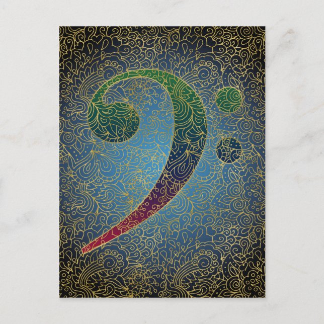 Bass Clef Gold Filigree - Colourful Music Postcard (Front)