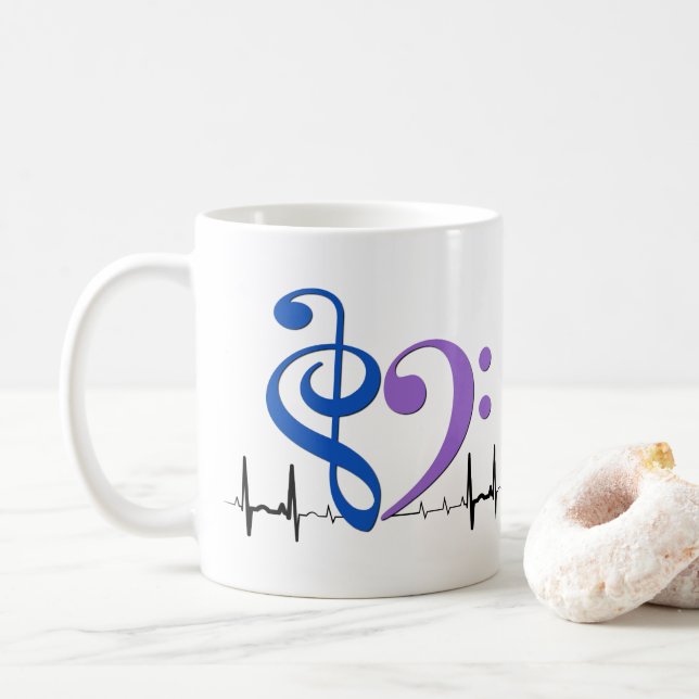 Bass Clef Heart EKG Waves Blue & Amethyst Coffee Mug (With Donut)
