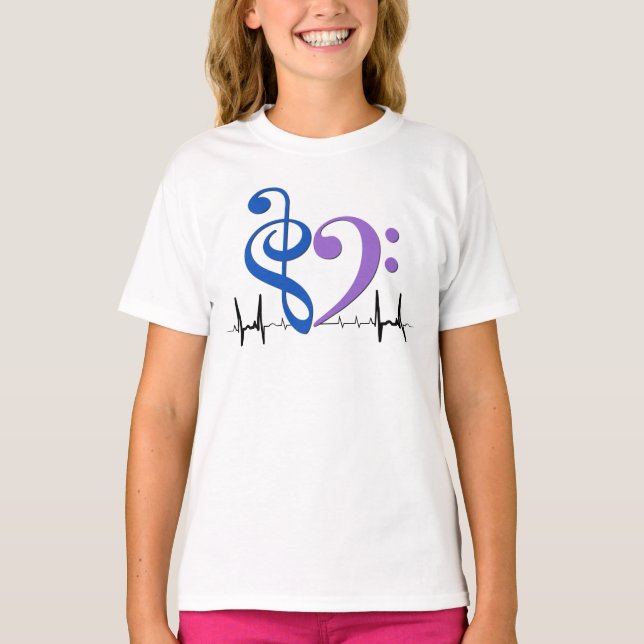 Bass Clef Heart EKG Waves Blue & Amethyst T-Shirt (Front)