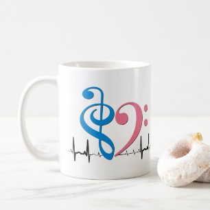 Bass Clef Heart EKG Waves Cyan & Bubblegum Pink Coffee Mug