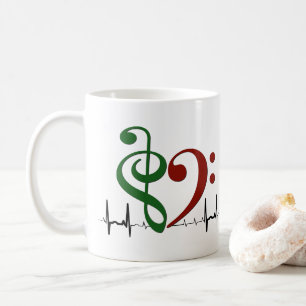 Bass Clef Heart EKG Waves Green & Ruby Red Coffee Mug
