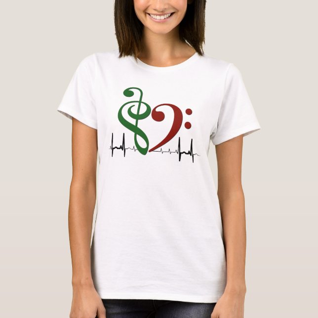 Bass Clef Heart EKG Waves Green & Ruby Red T-Shirt (Front)