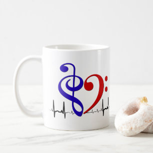 Bass Clef Heart EKG Waves Navy Blue & Red Coffee Mug