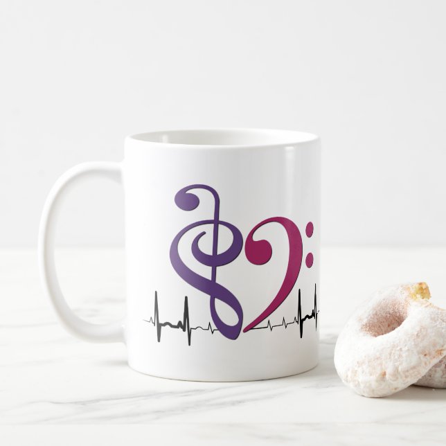 Bass Clef Heart EKG Waves Purple & Mulberry Coffee Mug (With Donut)