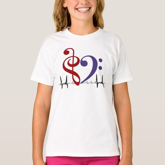 Bass Clef Heart EKG Waves Red & Purple T-Shirt (Front)