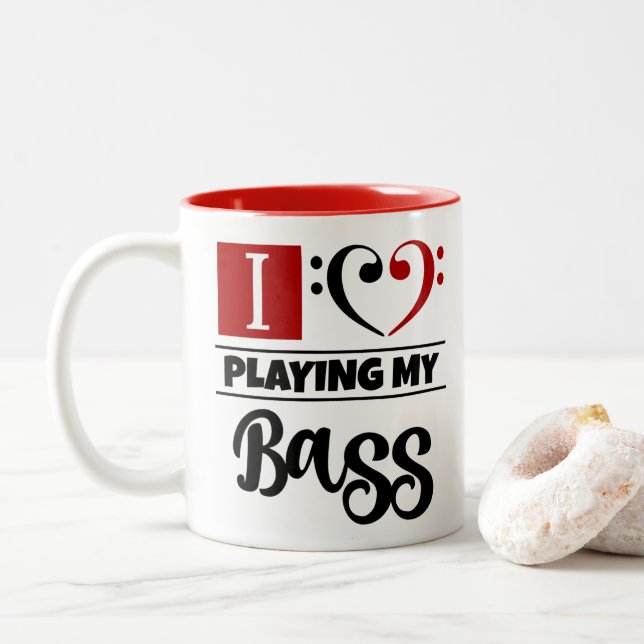 Bass Clef Heart I Love Playing My Bass Two-Tone Coffee Mug (With Donut)