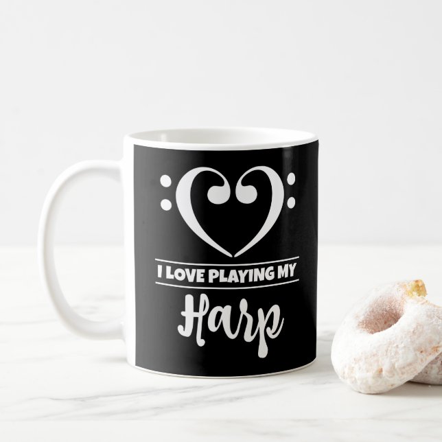Bass Clef Heart I Love Playing My Harp Coffee Mug (With Donut)