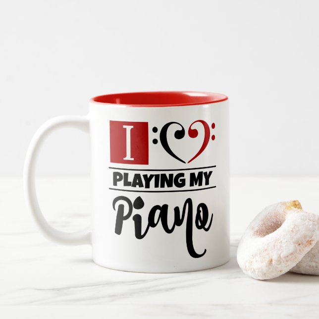 Bass Clef Heart I Love Playing My Piano Two-Tone Coffee Mug (With Donut)