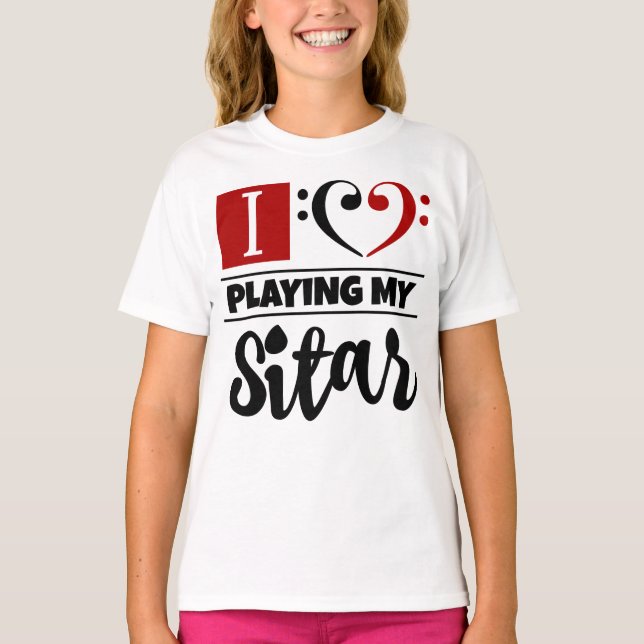 Bass Clef Heart I Love Playing My Sitar T-Shirt (Front)