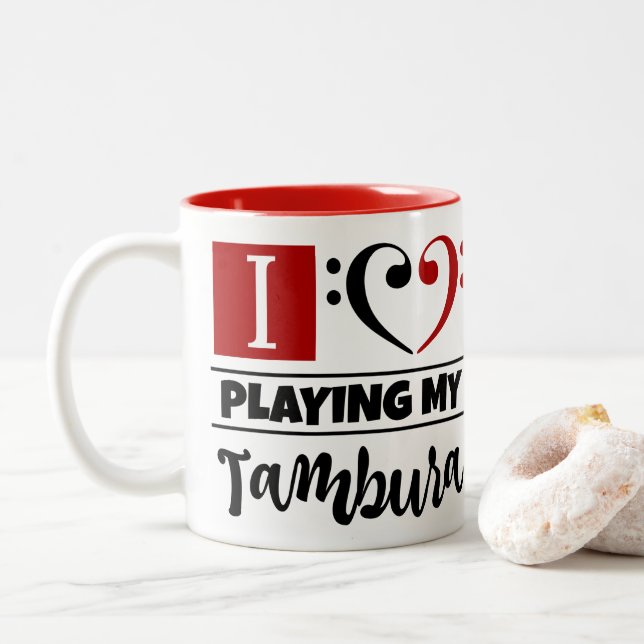 Bass Clef Heart I Love Playing My Tambura Two-Tone Coffee Mug (With Donut)