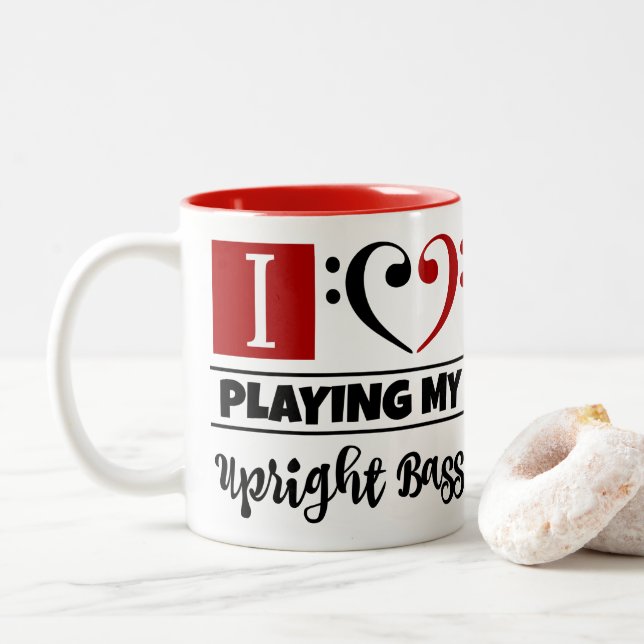 Bass Clef Heart I Love Playing My Upright Bass Two-Tone Coffee Mug (With Donut)