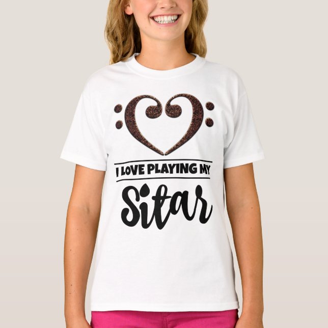 Bass Clef Heart Love Playing Sitar T-Shirt (Front)