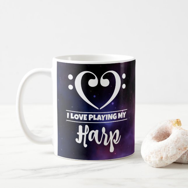 Bass Clef Heart Purple Nebula Love Harp Coffee Mug (With Donut)