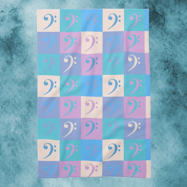 Bass Clef Music Pattern Pastel Colours Tea Towel (A kitchen towel with a pattern of bass clef symbols in pastel colors.)