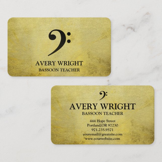 Bass Clef Music Teacher Gold & Black Professional Business Card (Front/Back)