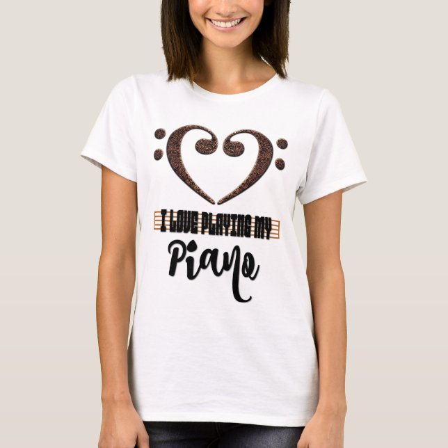 Bass Clef Musical Heart I Love Playing My Piano T-Shirt (Front)