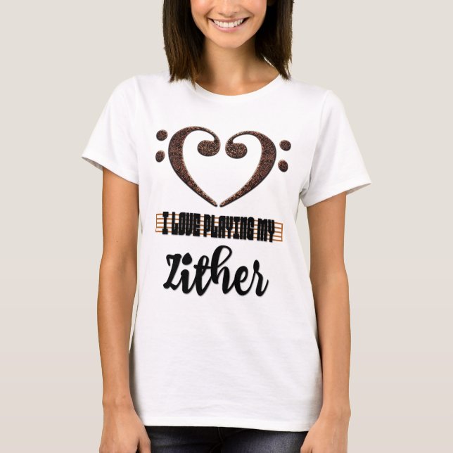 Bass Clef Musical Heart I Love Playing My Zither T-Shirt (Front)