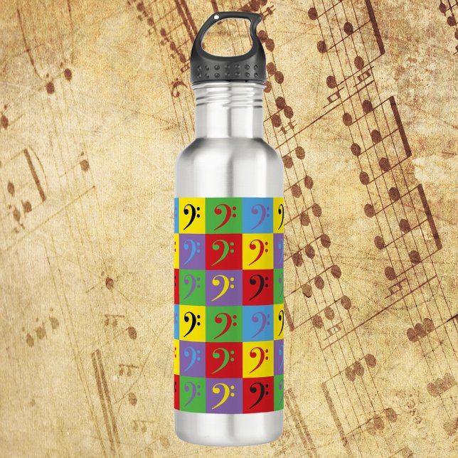 Bass Clef Rainbow Pop Art Pattern 710 Ml Water Bottle (A water bottle with a pop art pattern of bass clef symbols.)