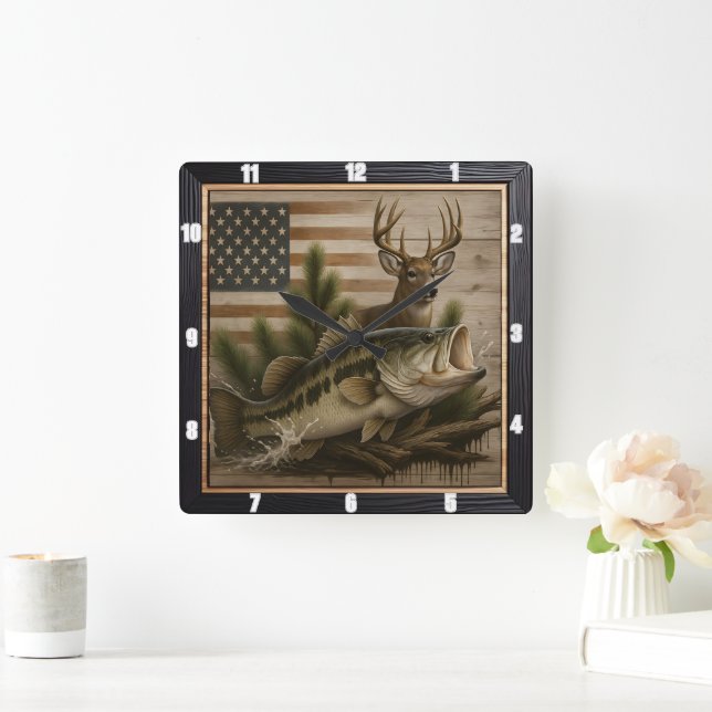 Bass Deer American Flag Square Wall Clock (Home)