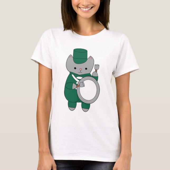 Bass Drummer Cat Marching Band Green White T-Shirt (Front)