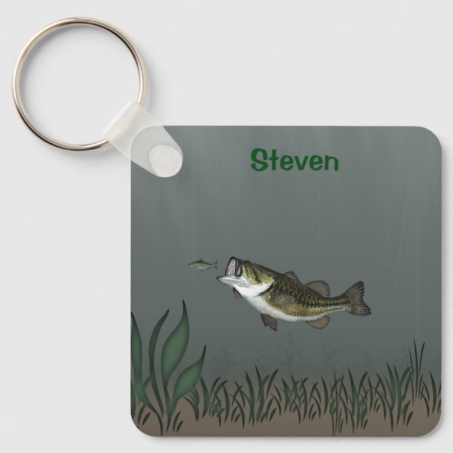 Bass Fish Chasing Minnow Personalised Key Ring (Front)