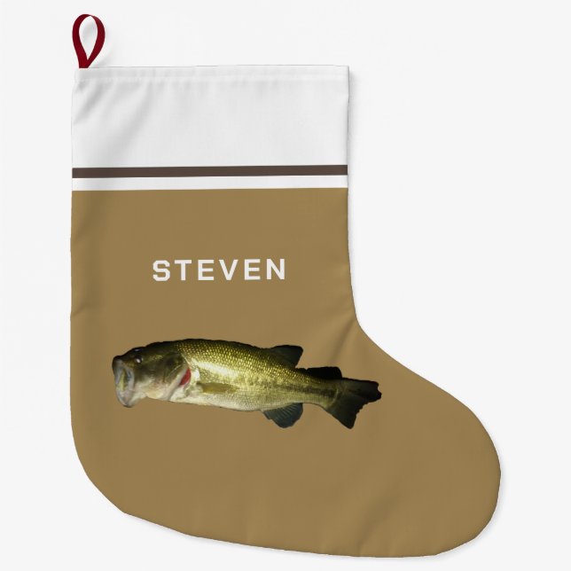 Bass Fish Rustic Beige Brown Personalised Large Christmas Stocking (Front)
