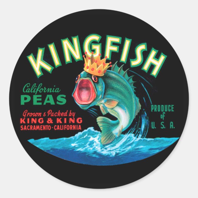 Bass Fish Wearing a Crown on a Black Background Classic Round Sticker (Front)