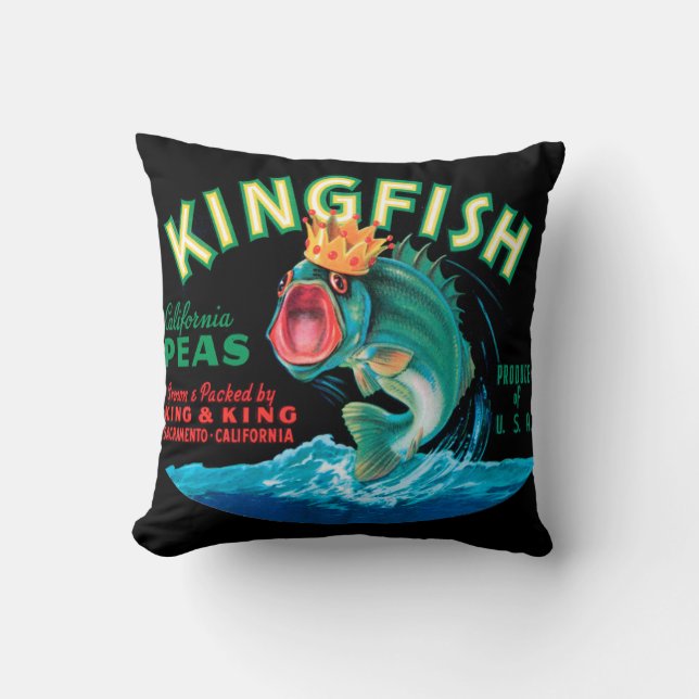 Bass Fish Wearing a Crown on a Black Background Cushion (Front)