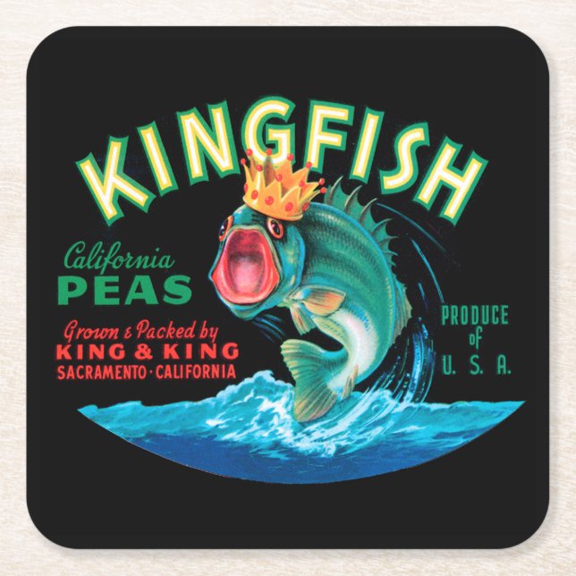 Bass Fish Wearing a Crown on a Black Background Square Paper Coaster (Front)