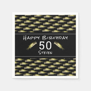 Bass Fishing 50th Birthday Black Mens Personalised Napkin