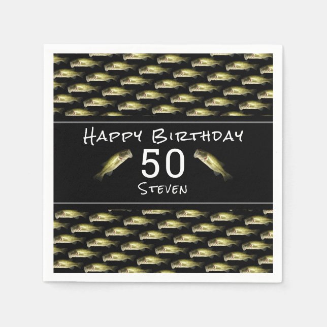Bass Fishing 50th Birthday Black Mens Personalised Napkin (Front)