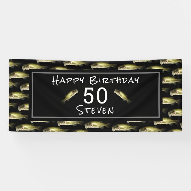 Bass Fishing 50th Birthday Black Personalised Mens Banner (Horizontal)