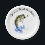 Bass Fishing 50th Birthday Party Paper Plates<br><div class="desc">Jumping large mouth bass after fly fishing lure out of a blue water splash.  Inner black ring and out blue ring that matches the colour of the water.  Simply edit the text with your birthday guy's name and age!  Bass hand drawn by artist ©Tina Hesskew of Fishing Hunting Life.</div>