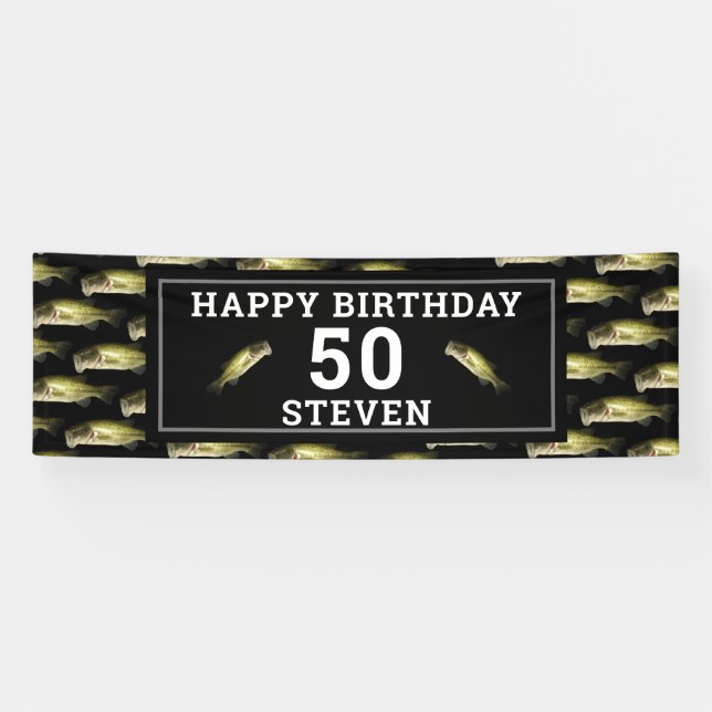 Bass Fishing 50th Happy Birthday Personalised Banner (Horizontal)