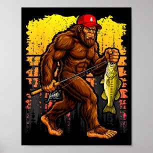 Bass fishing bigfoot in trucker hat funny vintage poster