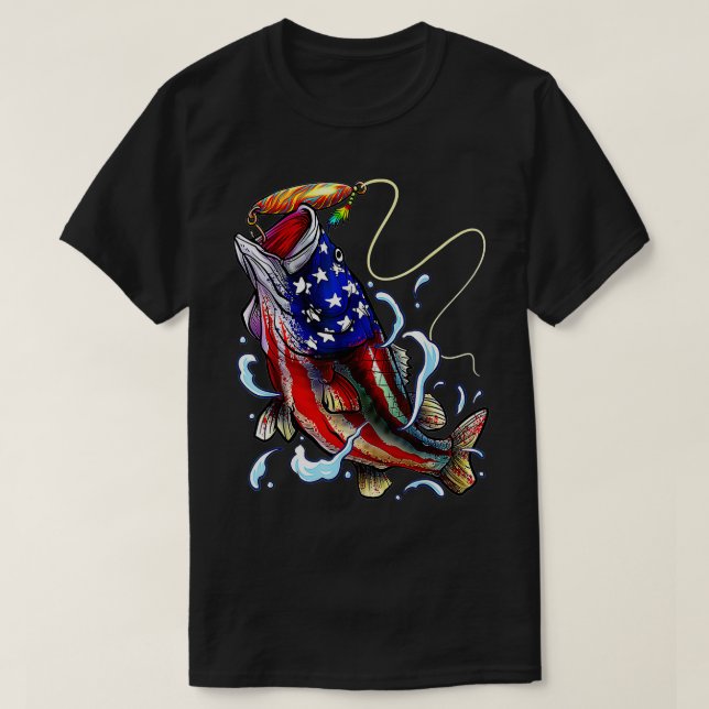 Bass Fishing Fish American Flag Dad Father Fourth  T-Shirt (Design Front)