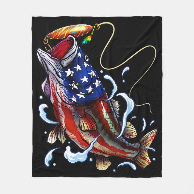 Bass Fishing Fish American Flag Patriotic Fishing Fleece Blanket (Front)