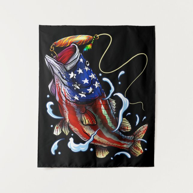Bass Fishing Fish American Flag Patriotic Fishing Tapestry (Front)