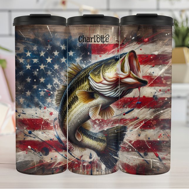 Bass Fishing: Patriotic, American Flag Thermal Tumbler (Creator Uploaded)