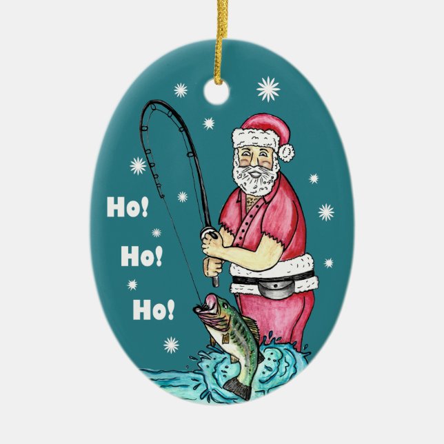Bass Fishing Santa Claus Christmas Ceramic Tree Decoration (Front)