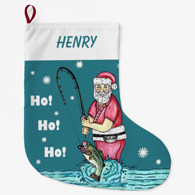 Bass Fishing Santa Claus Large Christmas Stocking (Front)
