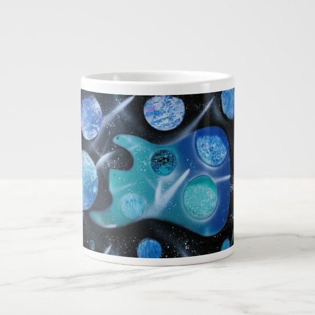 bass guitar blue green planets painting large coffee mug (Front)