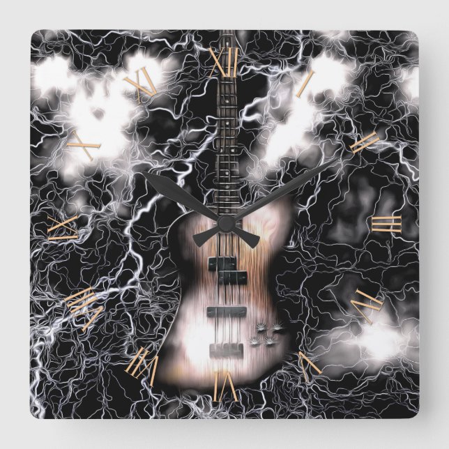 Bass guitar square wall clock (Front)
