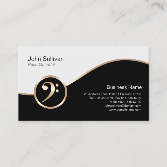 Bass Guitarist Business Card Gold Bass Clef Icon (Front)